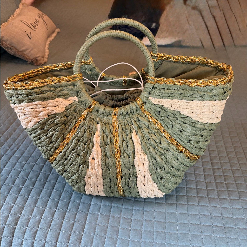 Elegant Green And Cream Woven Tote Bag Boutique
